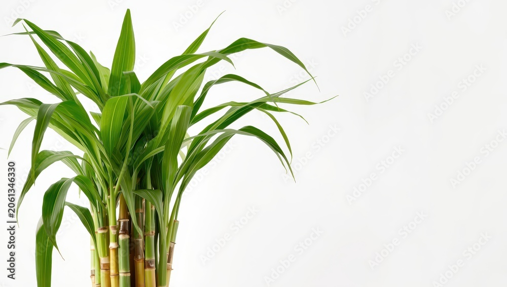 Fototapeta premium New sugar cane with foliage on a white backdrop.