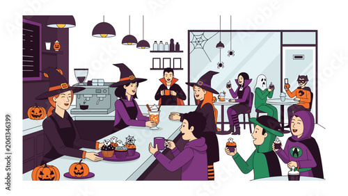 Cuadro en lienzo Halloween Coffee Shop Fun: A lively coffee shop is filled with people in Halloween costumes, celebrating with themed treats and drinks