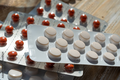 White medicine pills closeup, macro tablets