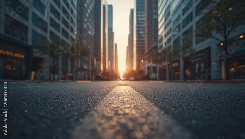 Out-of-focus image of a vacant city street with skyscrapers at dawn.