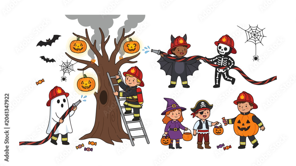 Naklejka premium Halloween Fire Brigade: A whimsical illustration depicts children in Halloween costumes, dressed as firefighters, battling a 'pumpkin patch fire' on a spooky tree.