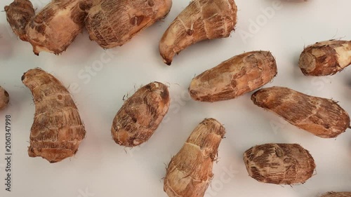 Taro on white table. Colocasia esculenta.