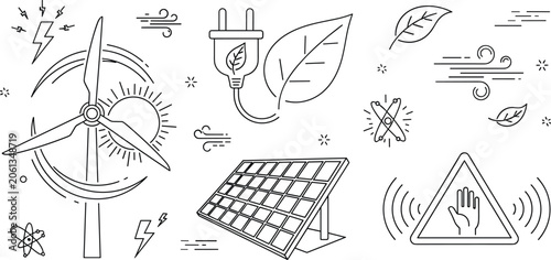 Obraz na płótnie Renewable energy and green ecology line art doodles featuring wind turbine solar