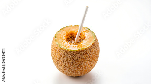 Delicious ripe cantaloupe fruit drink, naturally presented with a straw, a healthy summer refreshment option