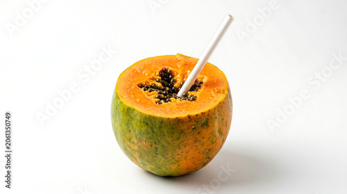 Half a papaya with a straw stuck in it, healthy exotic fruit drink