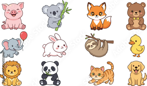 Photography Cute Baby Animal Character Vector Set Featuring Pig, Koala, Fox, Bear, Elephant,