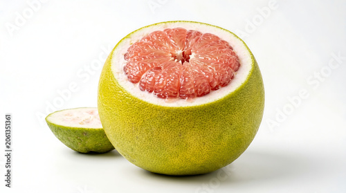 Large fresh pomelo fruit, also known as jeruk bali, cut open on a white background