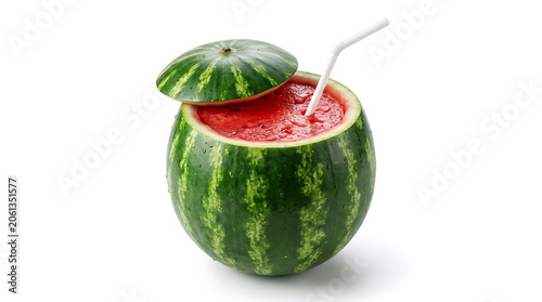Fresh watermelon juice smoothie served inside a carved whole fruit with straw