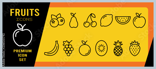 Set of fruit icons, thin line style, vector illustration collection of fresh fruits and berries, healthy food symbols for web and mobile design