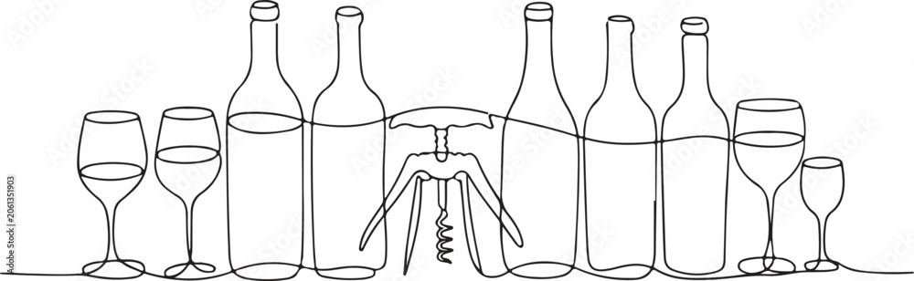 Obraz premium Continuous line drawing of wine bottles and glasses with corkscrew