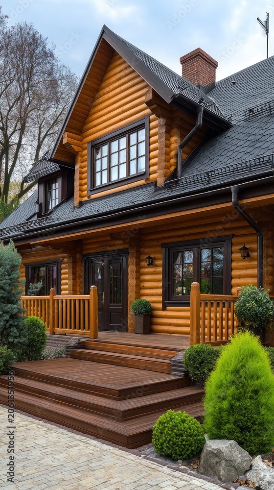 Obraz premium Charming log house with a wide porch and deck surrounded by green plants in a serene landscape at dusk