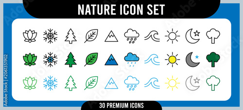 Nature icon set, collection of weather and environment symbols, flat linear style icons