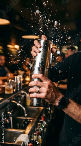 Bartender shaking cocktail shaker dynamic splash energetic bar scene warm ambient lighting