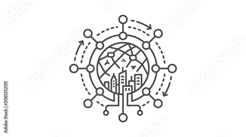 Global interconnected data network icon with city skyline nodes.