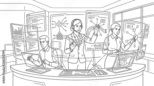 Cybersecurity Team in Futuristic Command Center Line Art Illustration