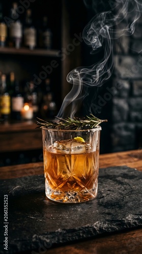 Smoky mezcal cocktail with rosemary garnish 