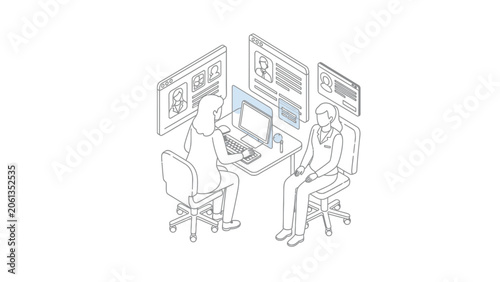 Isometric Job Interview and Recruitment Illustration with HR Manager and Candidate Profiles