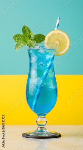 Blue lemon cocktail with mint garnish refreshing summer drink vibrant colorful background