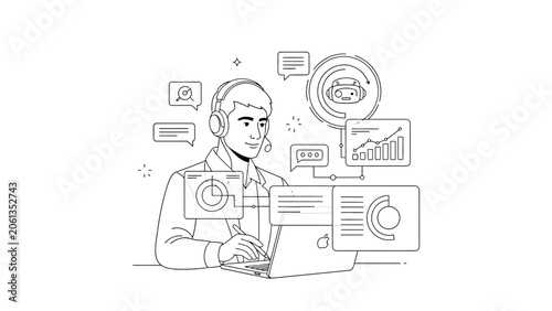 AI Customer Service and Data Analysis Specialist Line Art Illustration