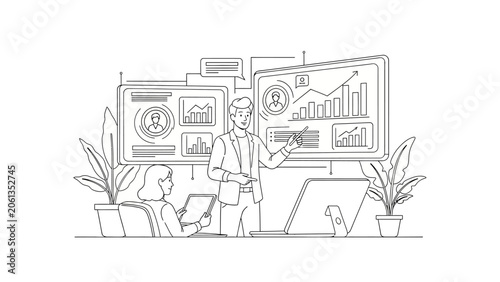Business Presentation and Data Analytics Performance Tracking Line Art Illustration