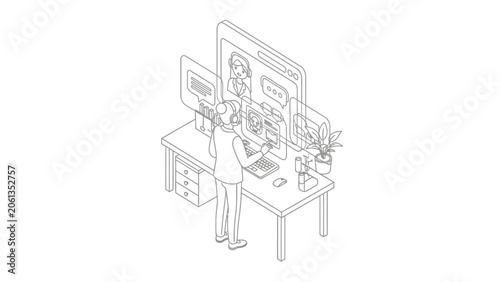 Isometric Line Art of Female Customer Service Agent Working with Digital Interface