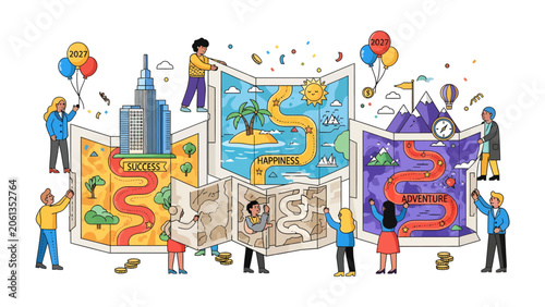 Fotografia Journey of Life Map: People collaborate to unfold a vibrant map of life, depicting different paths representing success, happiness, and achievement, adorned with balloons and flags