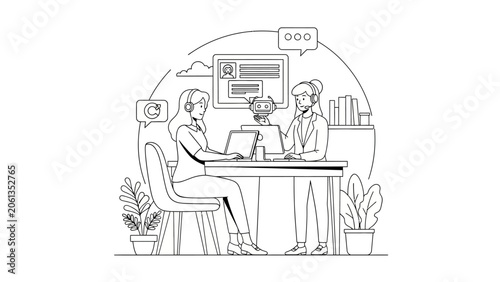 Customer Service Agents Working with AI Chatbot Line Art Illustration