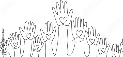 Vászonkép A line drawing of multiple hands with hearts on the palms raised up in the air