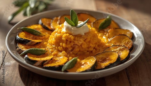 Pumpkin risotto with taleggio cheese, garnished with sage.