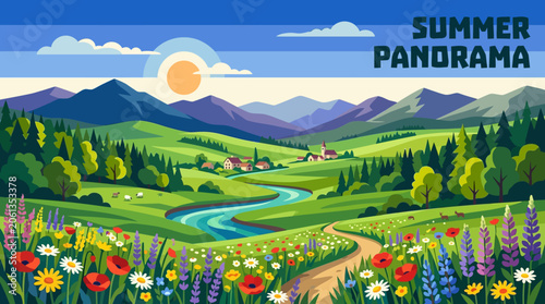 Idyllic summer nature panorama with mountains forests green fields and colorful wildflowers