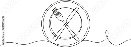 Obraz na plátně Continuous line drawing of a plate with a crossed fork and knife