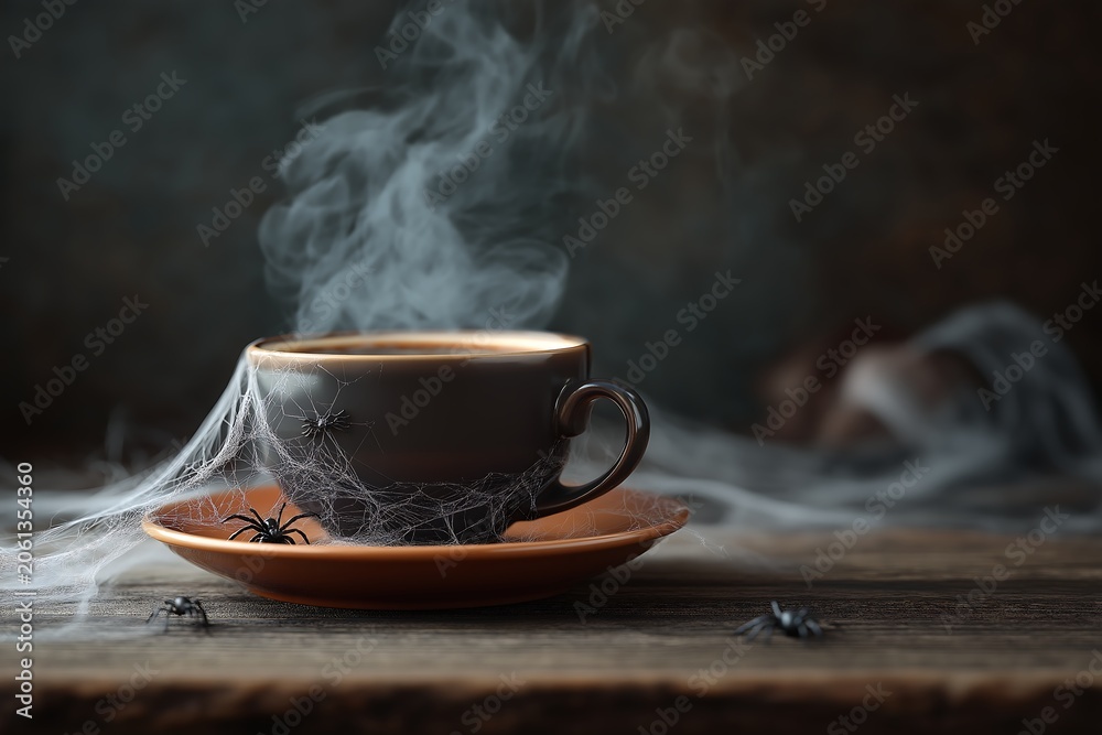Fototapeta premium Cup of coffee with spider web and smoke for Halloween season
