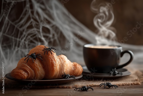 Halloween snacks with coffee and croissant on autumn table