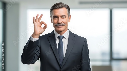 Confident businessman giving thumbs up in office.