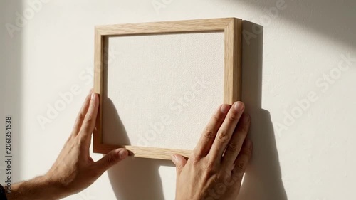 Hands holding a square wooden frame with a blank canvas, ready for artwork or display on a sunlit wall, home decoration