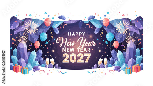 Vászonkép Happy New Year 2027 Celebration: A festive and dazzling graphic depicts a happy new year celebration with the year 2027 prominently displayed, surrounded by sparkling fireworks, colorful balloons