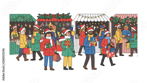 Tableau sur toile Christmas Market Scene: People in festive winter attire wander through a bustling Christmas market, browsing stalls adorned with holiday decorations and twinkling lights