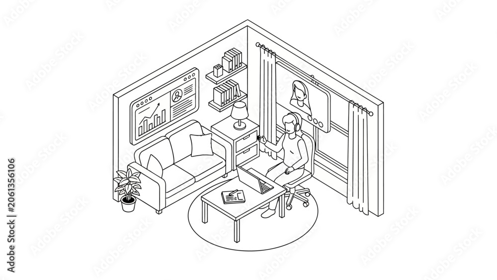 Obraz premium Isometric Woman Working in Home Office Vector Illustration