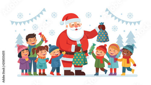 Принти на полотні Santa Claus Delivering Gifts to Cheerful Children: A heartwarming illustration depicts Santa Claus in his iconic red suit, surrounded by a joyful group of diverse children eager to receive gifts