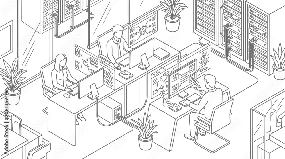 Fototapeta premium Isometric IT Cybersecurity Center Illustration with Servers and Network Engineers