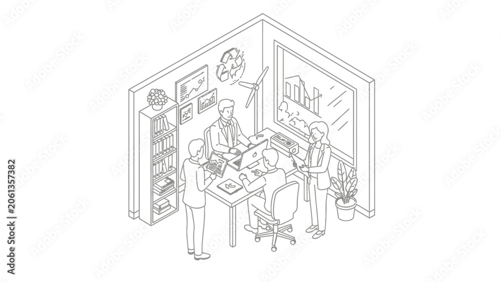 Obraz premium Isometric Business Meeting for Sustainability and Green Energy Line Art Illustration