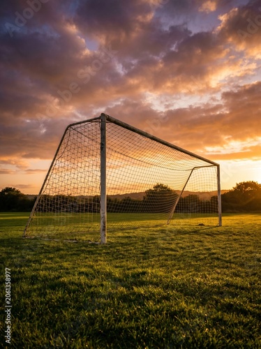 Empty Soccer Goal on Field at Sunset