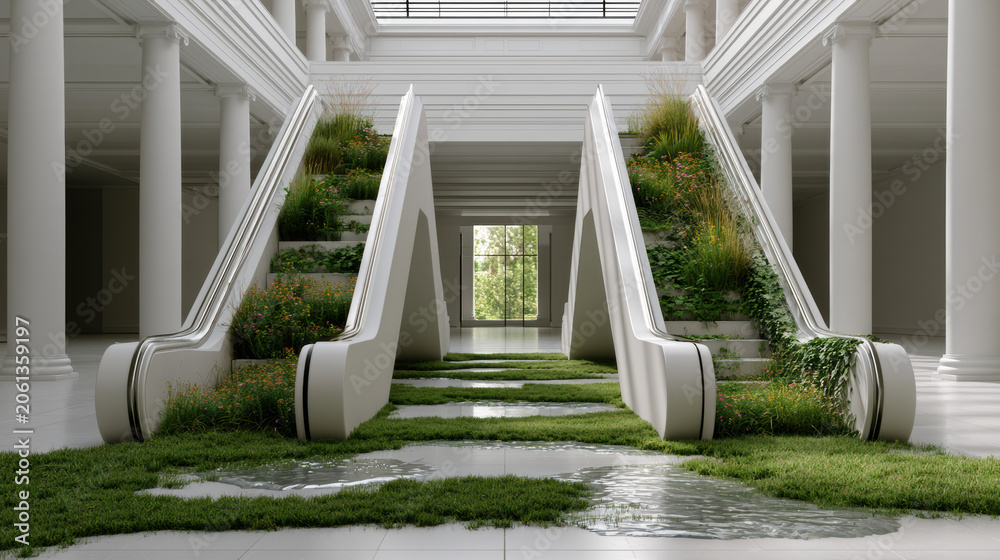 Naklejka premium Modern white escalator overgrown grass lush plants indoor architecture natural light abandoned serene green columns peaceful atmosphere