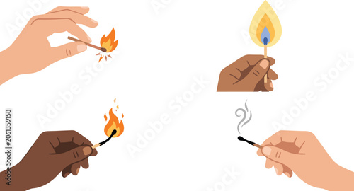 Fotografía Burning Matchstick Vector Set Featuring Hands Lighting and Extinguishing Matches