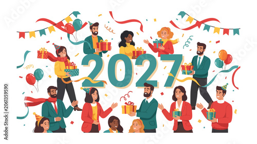 Celebrating 2027: A vibrant illustration depicts a diverse group of people exchanging gifts and celebrating under festive garlands and confetti, marking the arrival of the new year 2027.