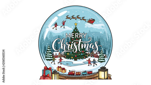 Bild auf Leinwand Christmas Snow Globe Wonderland: A magical snow globe depicting a festive winter scene with a decorated Christmas tree, Santa's sleigh, joyful children playing on ice, and twinkling lights