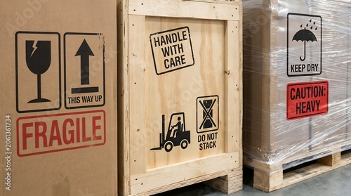 Transportation and delivery safety symbols with fragile handling icons