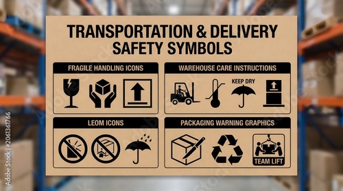 Transportation and delivery safety symbols with fragile handling icons