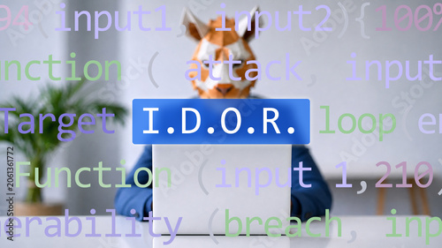 IDOR attack on foreground screen, hacker silhouette hidden with low polygon mask. Vulnerability and attack on colored code editor. Insecure Direct Object Reference, text in English.
