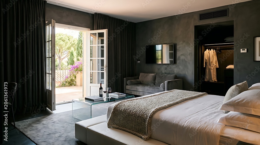 Fototapeta premium Luxury Dark Hotel Suite Interior with Open Balcony Door, Wine Bottle and Modern Furnishings